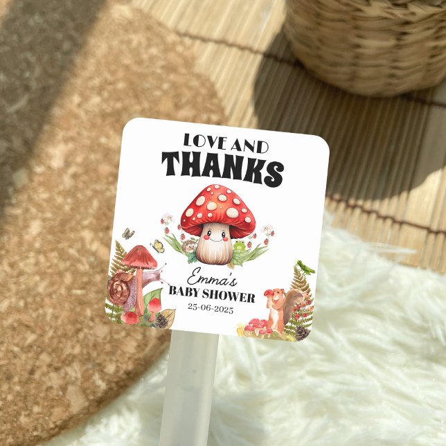 Love and Thanks Fungi Mushroom Moth Baby Shower Square Sticker (Love and Thanks Fungi Mushroom Moth Baby Shower )