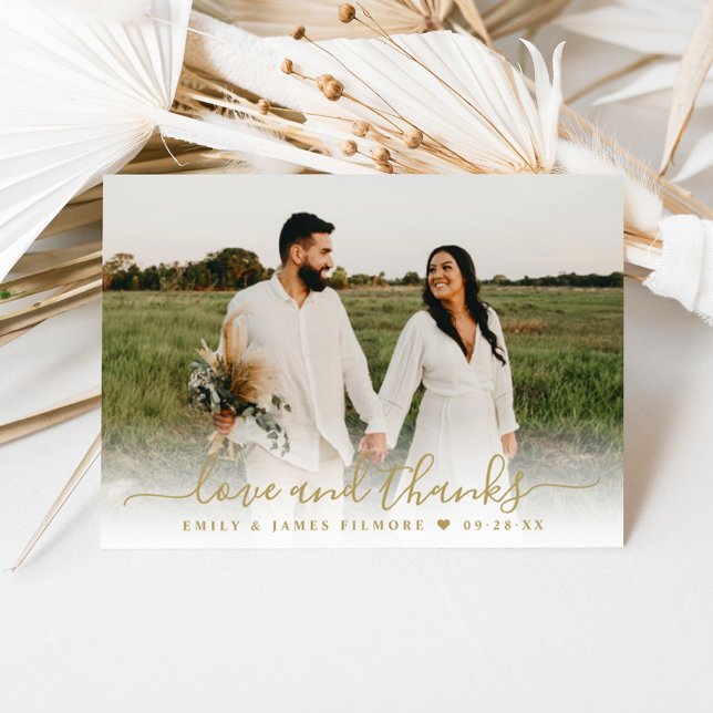 Love and Thanks Gold Heart Script Wedding Thank You Card (Creator Uploaded)