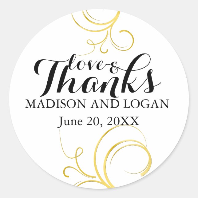 Love and Thanks Gold Swirl Wedding Sticker Custom (Front)