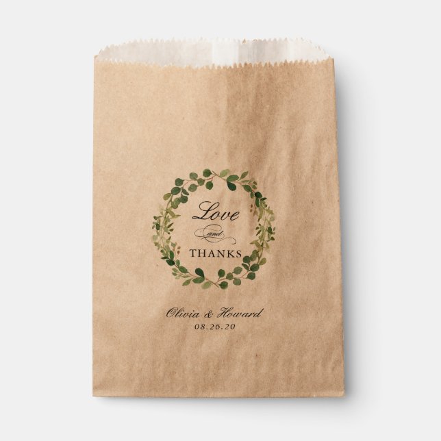 Love and Thanks Greenery Leaves Wreath Wedding Favour Bag (Front)