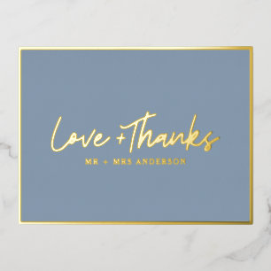 Love and Thanks Handwritten Script   Dusty Blue Foil Holiday Postcard