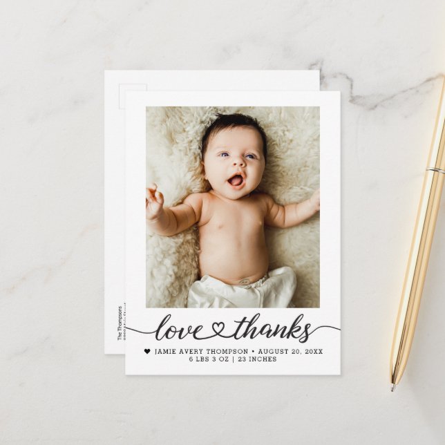 Love and Thanks heart script Photo Birth stars Postcard (Front/Back In Situ)