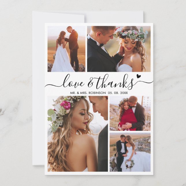 Love and Thanks Heart Script Photo Collage Wedding Thank You Card (Front)