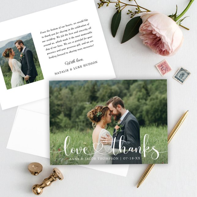Love and Thanks Heart Script Wedding Photo Thank You Card (Creator Uploaded)