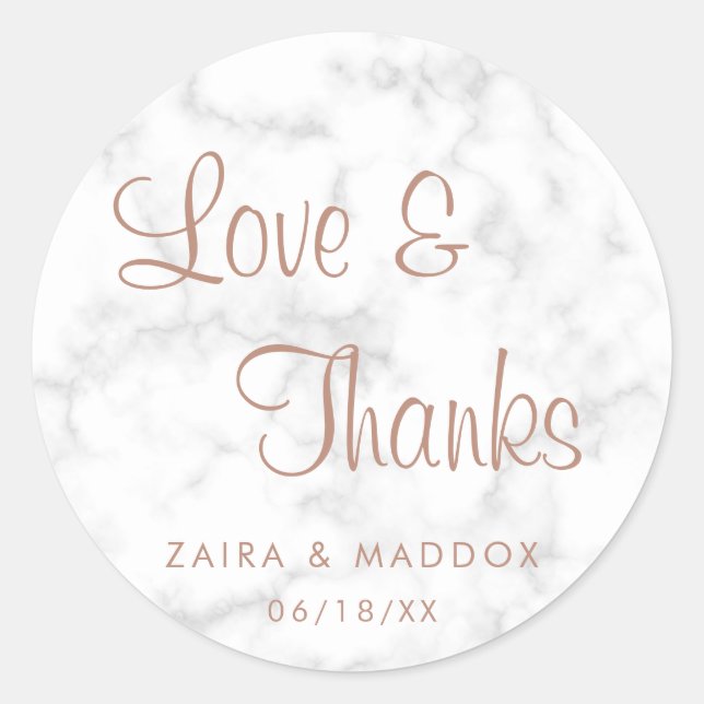 Love and Thanks Marble Rose Gold Wedding Favour Classic Round Sticker (Front)