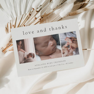Love and Thanks Minimal 3 Photo Collage New Baby Thank You Card