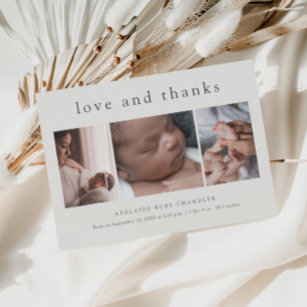 Love and Thanks Minimal 3 Photo Collage New Baby Thank You Card