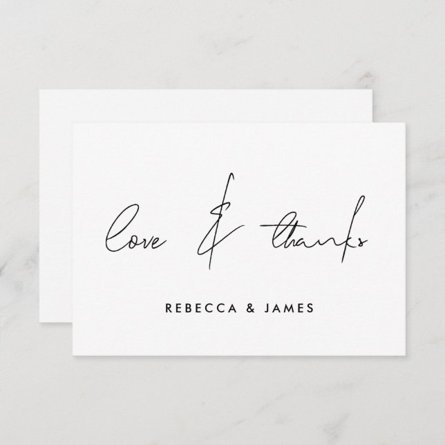 Love and Thanks Minimal Black White Calligraphy  Thank You Card (Front/Back)