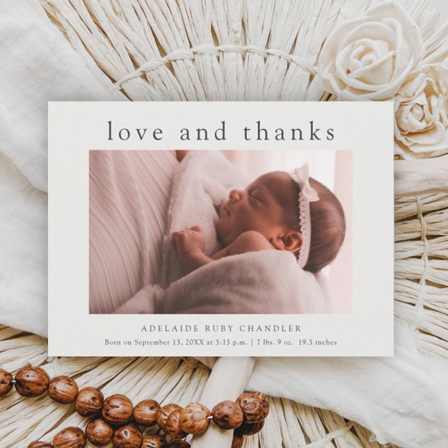 Love and Thanks Minimal Photo Baby Thank You Card (Simple typographic love and thanks baby photo birth announcement thank you card.)