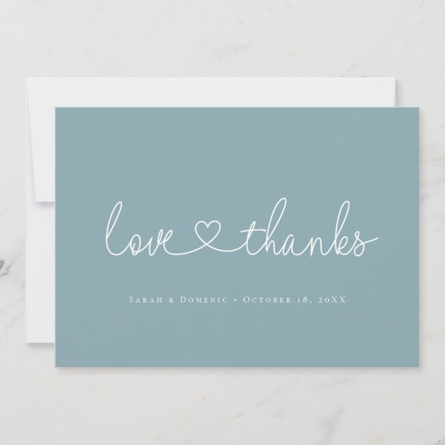Love and Thanks Minimal script heart photo blue Thank You Card (Front)