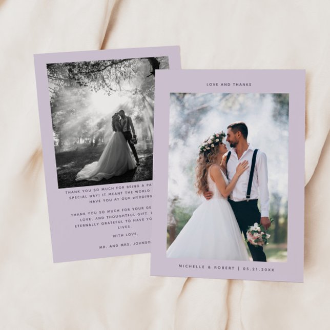 Love and Thanks Minimalist Wedding Photo Purple Thank You Card (Creator Uploaded)
