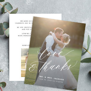 Love and thanks modern script 2 photos wedding thank you card