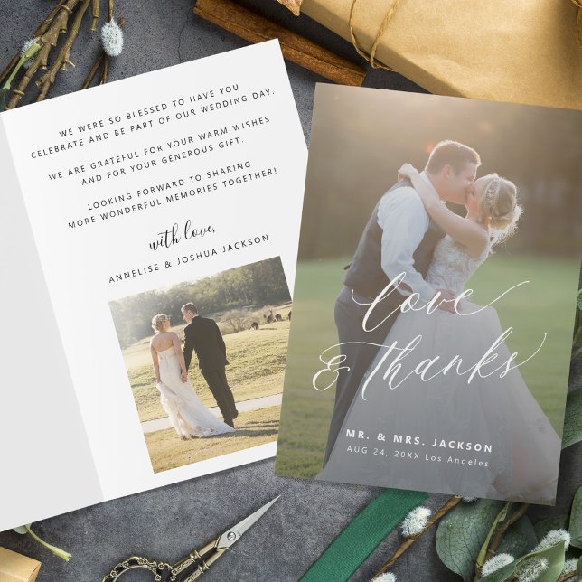 Love and thanks modern script 2 photos wedding thank you card (Creator Uploaded)