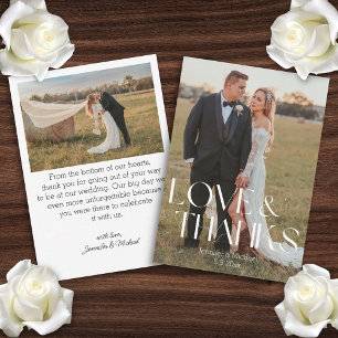 love and thanks modern script wedding 2 photos card