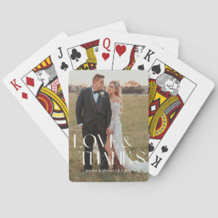 love and thanks modern script wedding photo playing cards