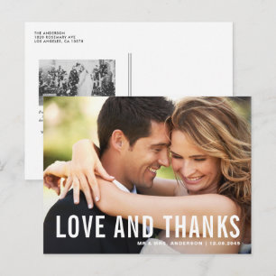 Love and Thanks Modern Typography Photo Wedding Postcard