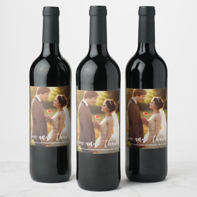 Love and Thanks Modern Wedding Thank You Photo Wine Label (Bottles)