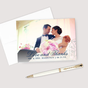 Love and Thanks Navy Blue Wedding Photo Thank You Card