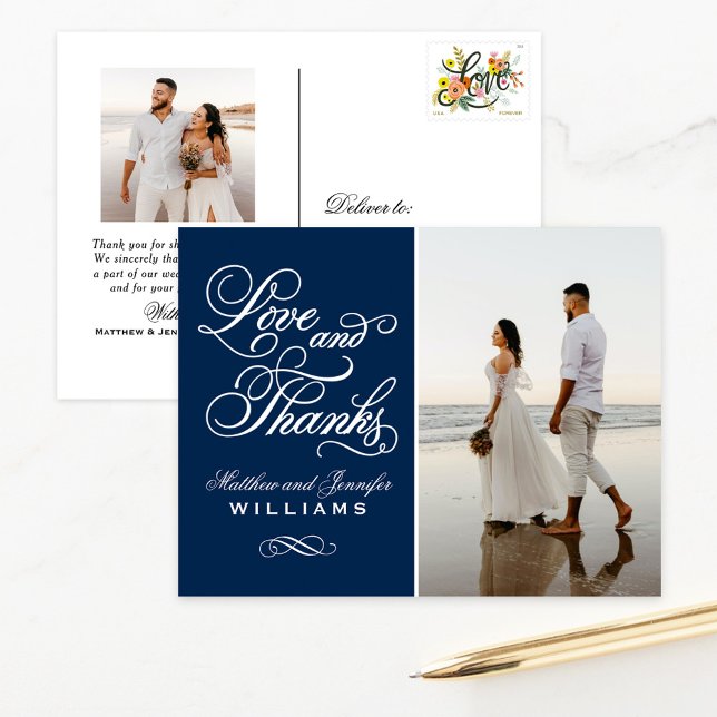 Love and Thanks Navy Blue Wedding Photo Thank You Postcard (Creator Uploaded)