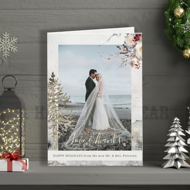 Love and thanks newlyweds Christmas holidays photo Holiday Card (Creator Uploaded)