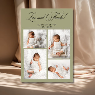 Love and Thanks Olive Green 4 Baby Photos Thank You Card