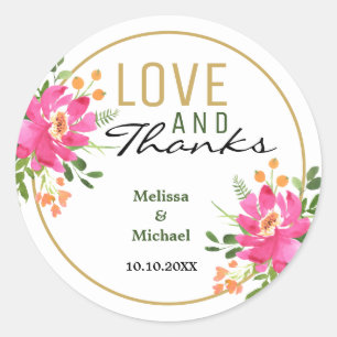 Love And Thanks Pink Floral Wedding Classic Round Sticker