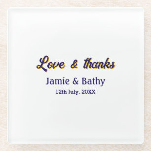 Love and thanks purple orange couple name date glass coaster