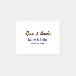 Love and thanks purple orange couple name date post-it notes