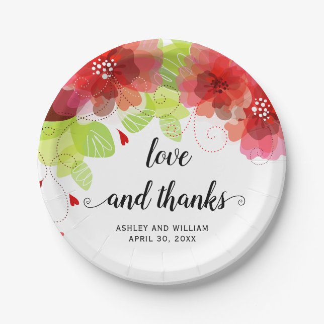 Love and thanks red flowers, floral wedding paper plate (Front)