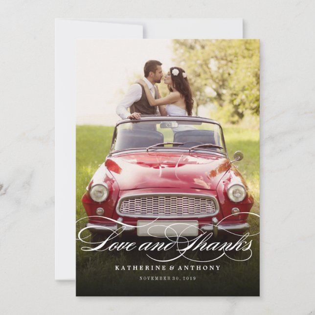 Love And Thanks Romantic Script Chic Photo Wedding Thank You Card (Front)
