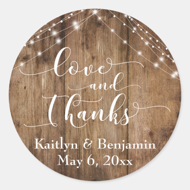 Love and Thanks, Rustic Brown Wood & Lights Classic Round Sticker (Front)