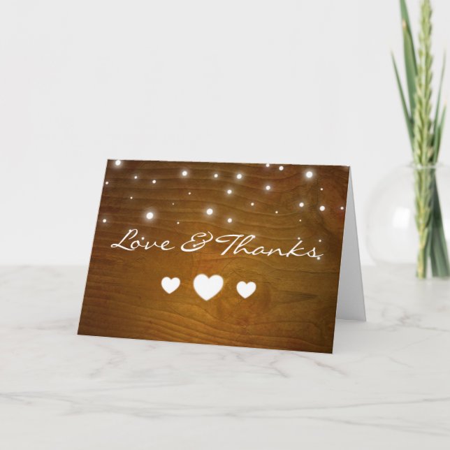 Love and Thanks Rustic Wood Lights Thank You Cards (Front)