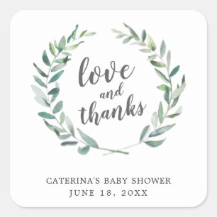 Love and Thanks Rustic Wreath Baby Shower Favour Square Sticker