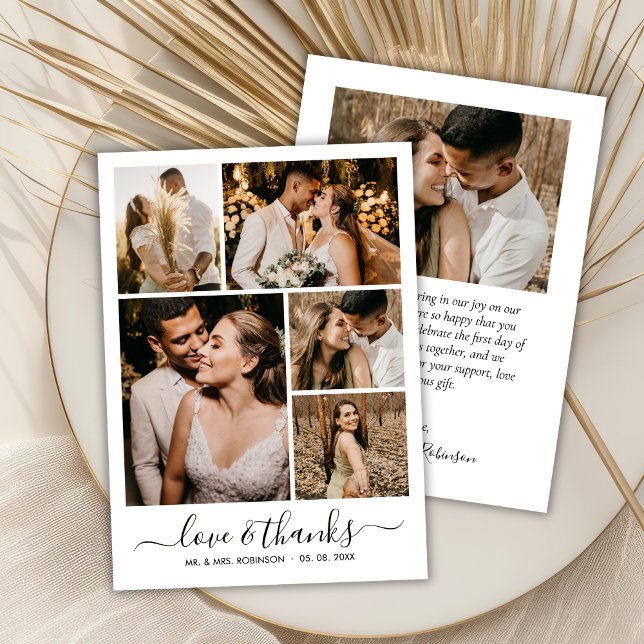 Love and Thanks Script 6 Photo Collage Wedding Thank You Card (Creator Uploaded)