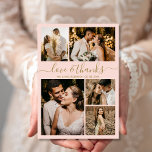 Love and Thanks Script Blush Photo Collage Wedding Thank You Card<br><div class="desc">Elegant Script Gold and Blush Pink Wedding Photo Collage Thank You Cards. Modern, minimal wedding thank you card template featuring five (5) photo on the front and one (1) photo on the back. With the text "Love and thanks" in a beautiful hand lettering typography script font in gold on light...</div>