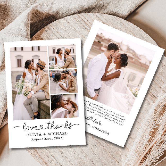 Love and Thanks Script Five Photo Collage Wedding Thank You Card (Creator Uploaded)