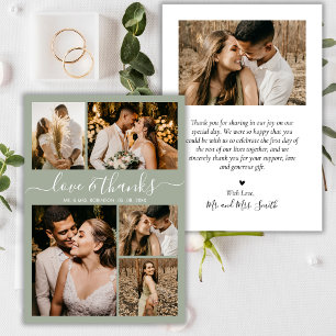 Love and Thanks Script Green Photo Collage Wedding Thank You Card
