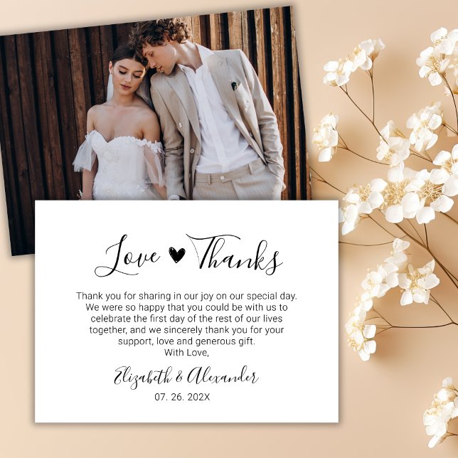 Love and Thanks Script Heart Wedding Photo  Thank You Card (Creator Uploaded)