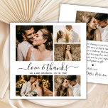 Love and Thanks Script Photo Collage Wedding Thank You Card<br><div class="desc">Elegant, Minimalist Hand Lettered 6 Photo Collage Wedding Thank You Cards. Modern wedding thank you card template featuring six photo. With the text "Love and thanks" in a swirly hand lettered swash tail calligraphy script font in black on white background. Add your name, photos and thank you message. If you...</div>