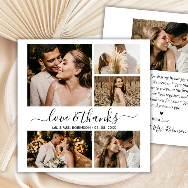 Love and Thanks Script Photo Collage Wedding Thank You Card (Creator Uploaded)