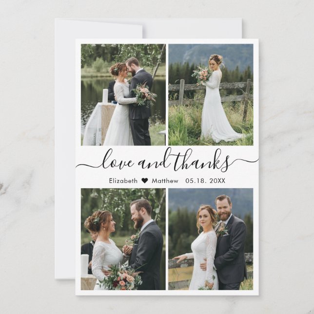 Love and Thanks Script Photo Collage Wedding Thank You Card (Front)