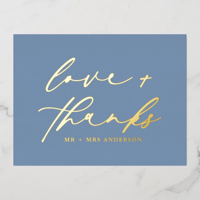 Love and Thanks Script Photo Wedding Overlay Foil Holiday Postcard (Front)