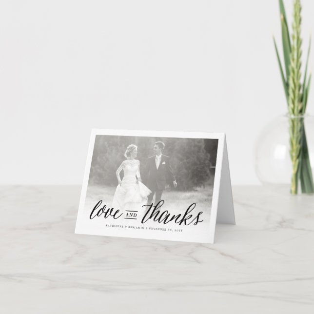 Love And Thanks Script Photo Wedding Thank You Note Card (Front)