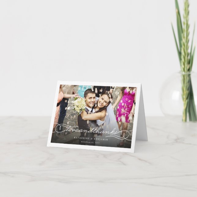 Love And Thanks Script Photo Wedding Thank You Note Card (Front)