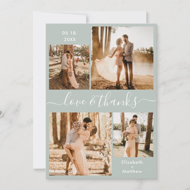 Love and Thanks Script Sage Green Collage Wedding Thank You Card (Front)