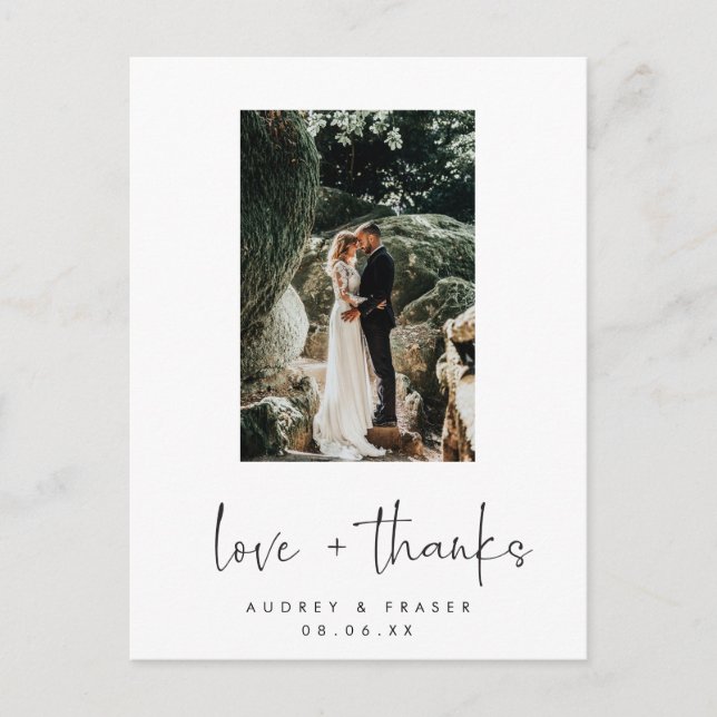 Love and Thanks Script Wedding Photo Thank You Postcard (Front)