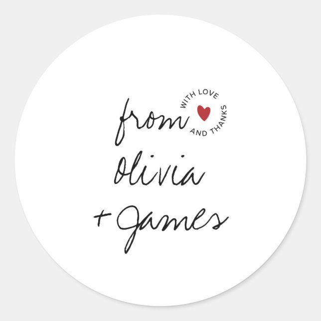 Love and Thanks Simple Script Heart Wedding Classic Round Sticker (Front)