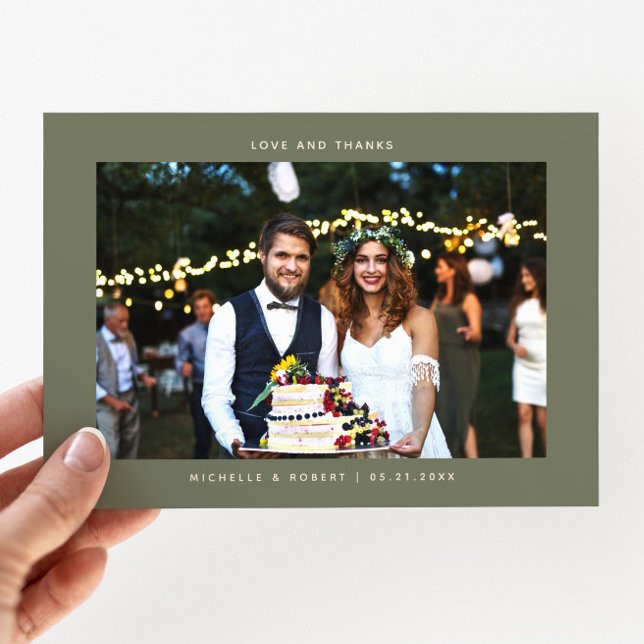 Love and Thanks Simple Wedding Photo Sage Green Thank You Card (Creator Uploaded)