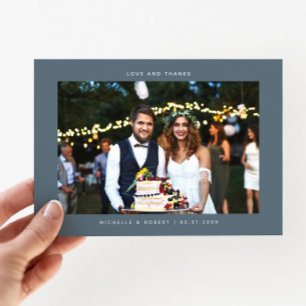 Love and Thanks Simple Wedding Photo Slate Blue Thank You Card