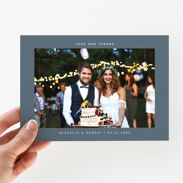 Love and Thanks Simple Wedding Photo Slate Blue Thank You Card (Creator Uploaded)
